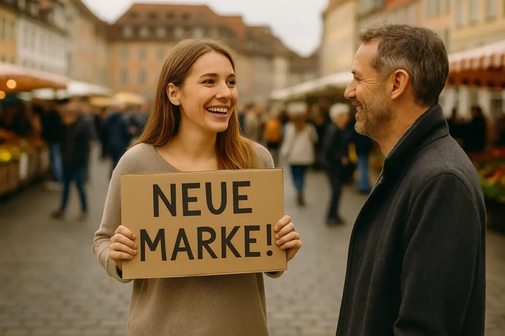 Frau mit Werbeschild von einem Interessenten angesprochen