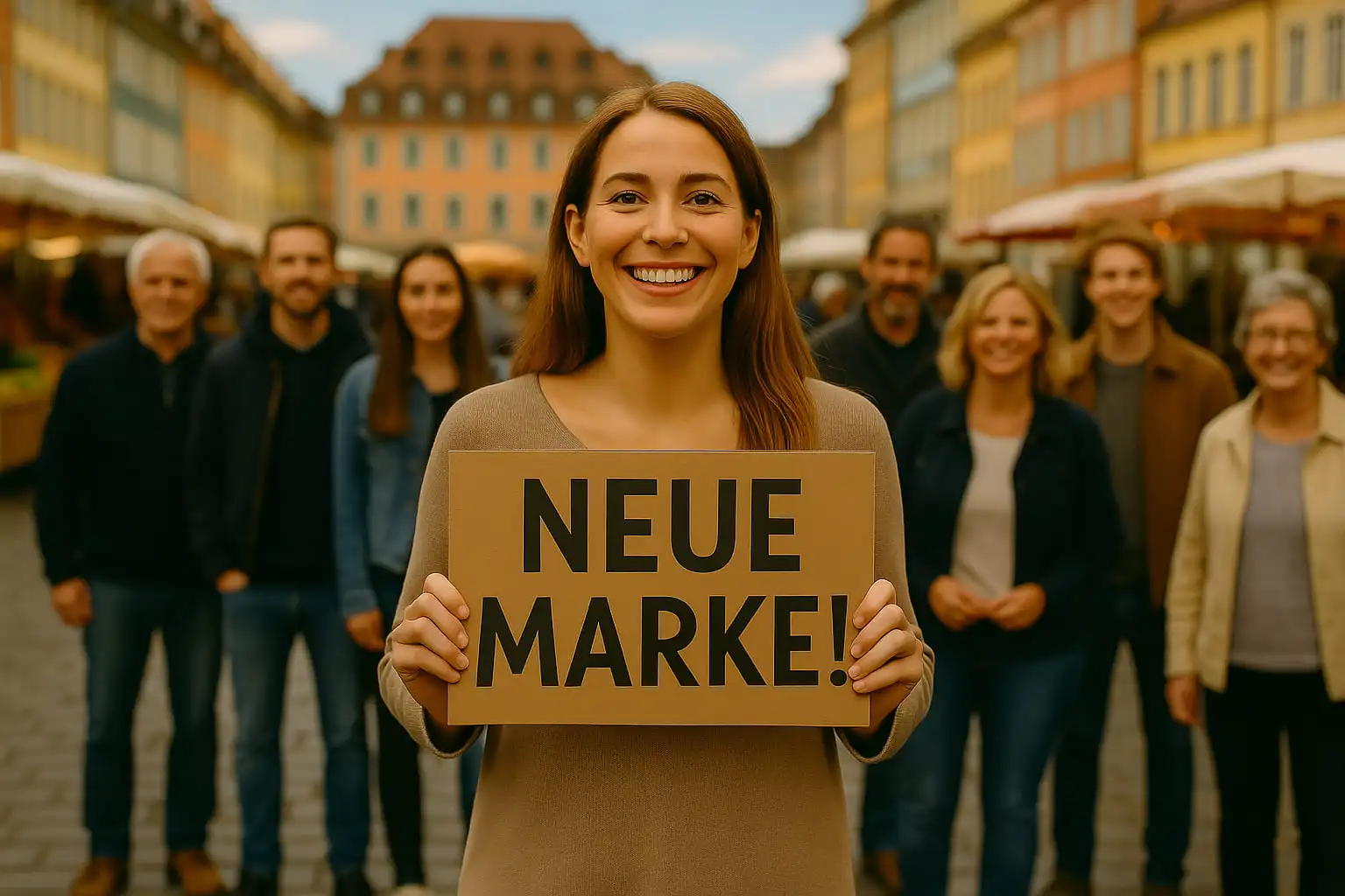 Glückliche Frau mit Werbeschild umringt von einer Traube Menschen