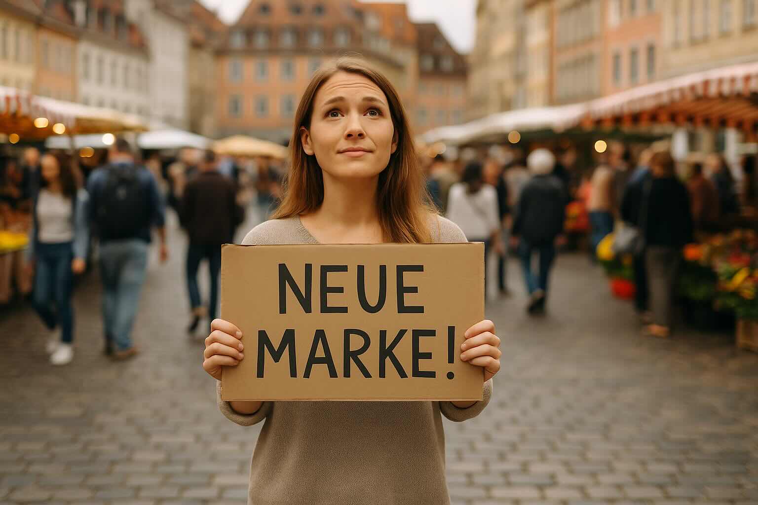 eine Frau auf einem belebten Marktplatz, die ein Werbeschild mit ihrer neuen Marke hoch hält, um Aufmerksamkeit zu erregen aber von kaum jemanden wahrgenommen wird.